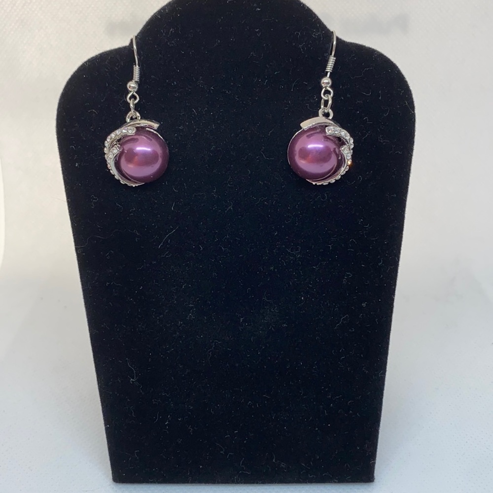 Silver & Purple Pearl & Bling Drop Earrings